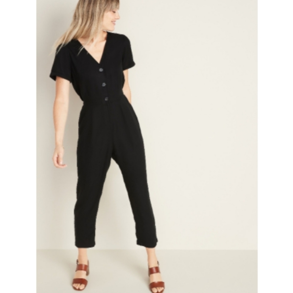 Old Navy Jumpsuit Linen Blend V Neck Button Front Elastic Waist Black Size Large